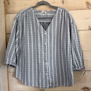 Garnet Hill Button Front Blouse Striped Gauzey Tie Sleeves Organic Cotton Top 14